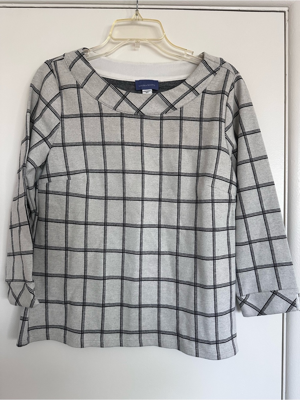 Laura Scott Gray Plaid 3/4 Sleeve Women's Top